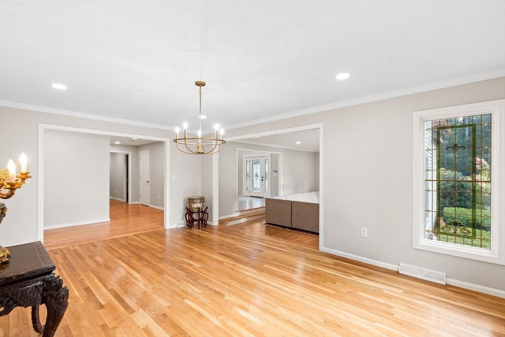 Chandelier, Empty room, Interior, Recessed Lighting, Wood Texture Flooring