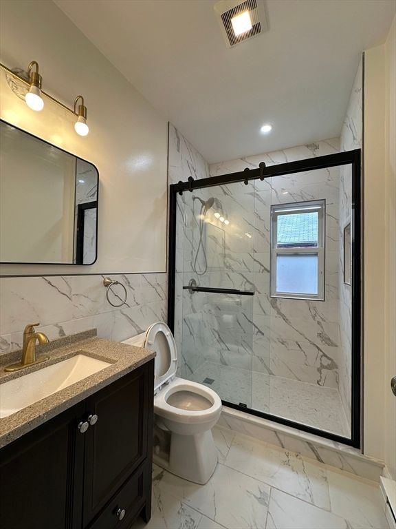 Bathroom, Glass Shower, Interior, Marble, Marble Walls, Recessed Lighting