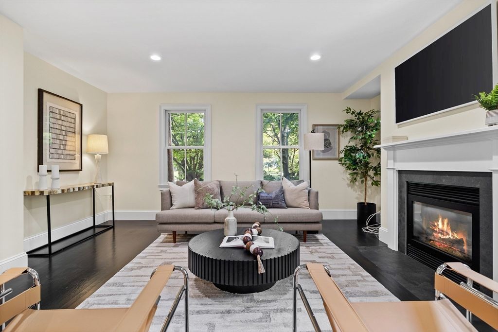 Fireplace, Interior, Living room, Recessed Lighting, Wood Texture Flooring