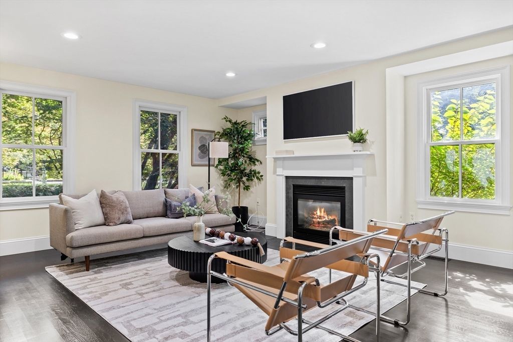 Fireplace, Interior, Living room, Recessed Lighting, Wood Texture Flooring