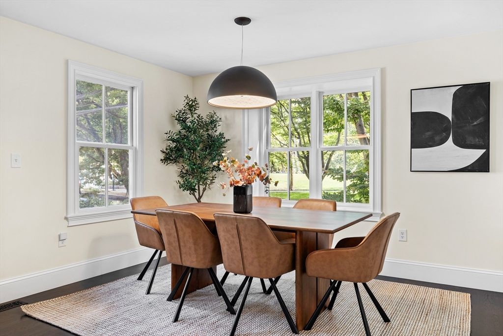 Dining room, Interior, Pendant Lights, Wood Texture Flooring