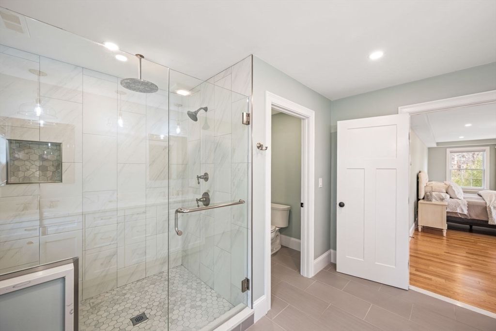 Bathroom, Bedroom, Glass Shower, Interior, Marble Walls, Recessed Lighting, Wood Texture Flooring