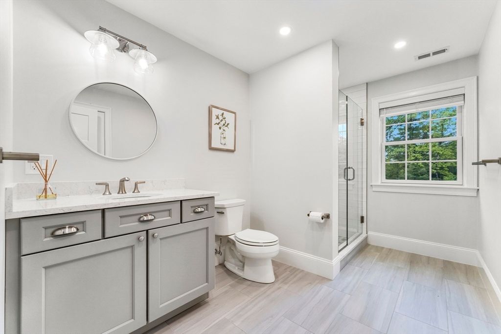 Bathroom, Glass Shower, Interior, Recessed Lighting, Wood Texture Flooring