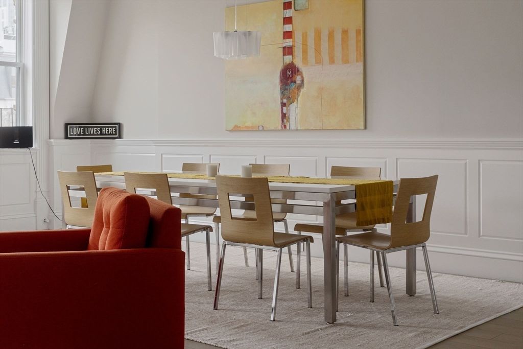 Dining room, Interior, Pendant Lights, Wood Texture Flooring
