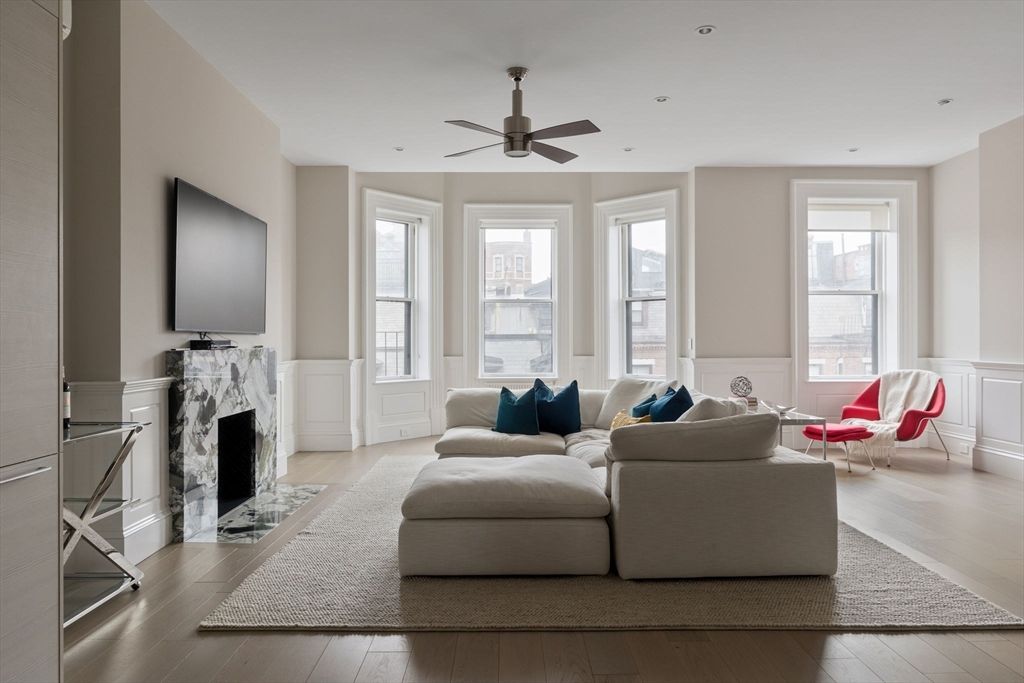 Fireplace, Interior, Living room, Recessed Lighting, Wood Texture Flooring