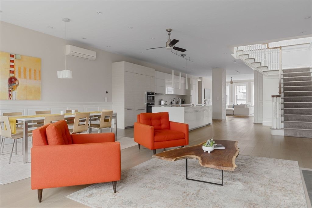 Dining room, Interior, Kitchen, Living room, Pendant Lights, Recessed Lighting, Stainless Steel Appliances, Wood Texture Flooring