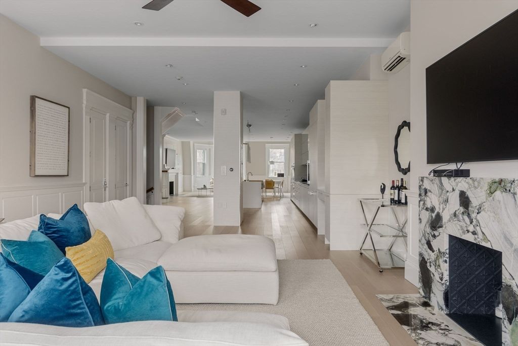 Fireplace, Interior, Living room, Recessed Lighting, Wood Texture Flooring