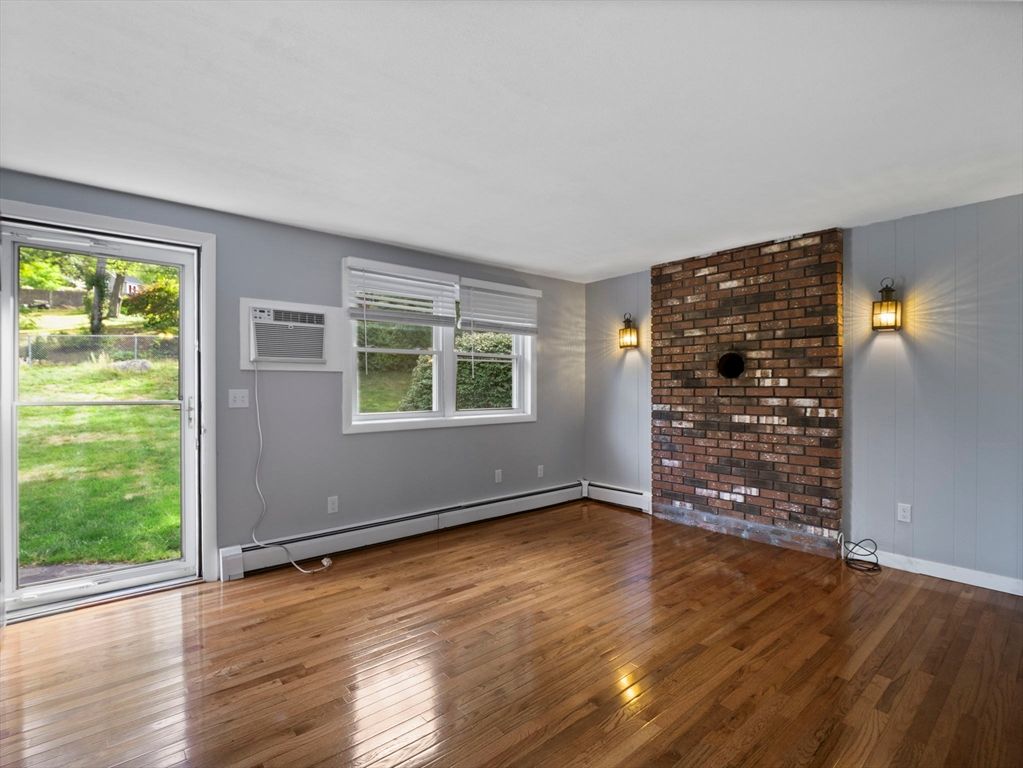 Empty room, Fireplace, Interior, Stone Walls, Wood Texture Flooring