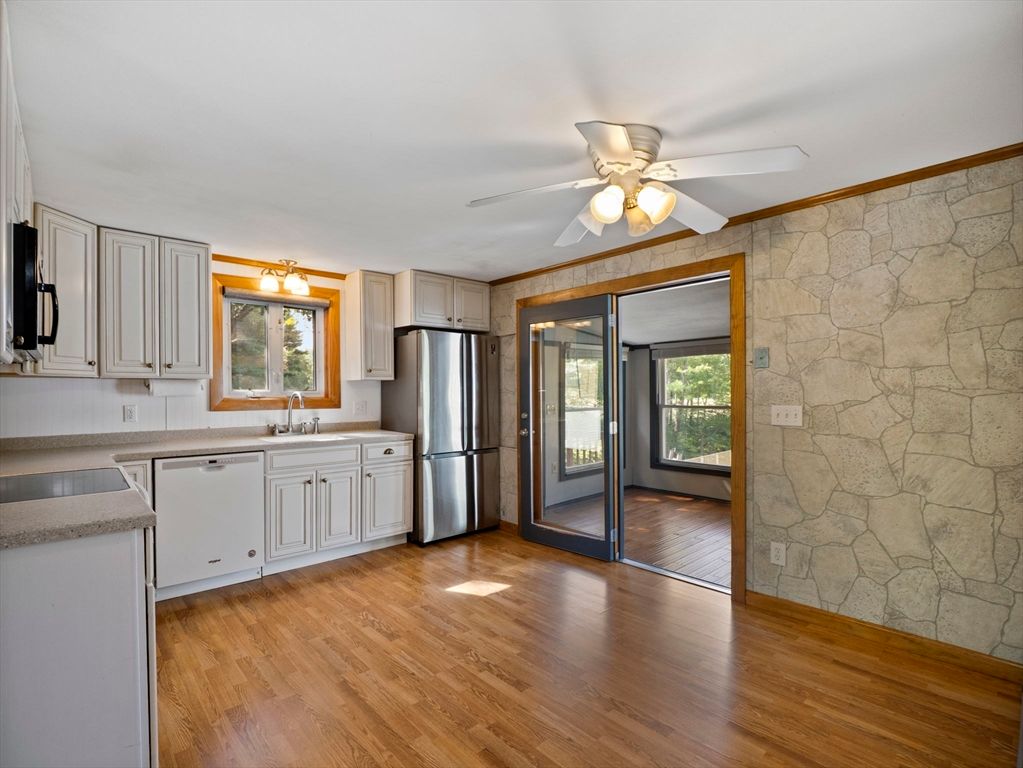 Interior, Kitchen, Stainless Steel Appliances, Stone Walls, Wood Texture Flooring