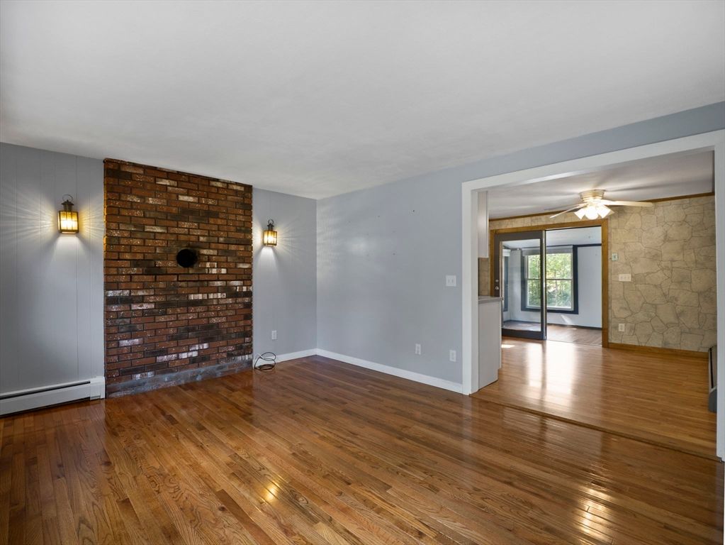 Empty room, Fireplace, Interior, Stone Walls, Wood Texture Flooring
