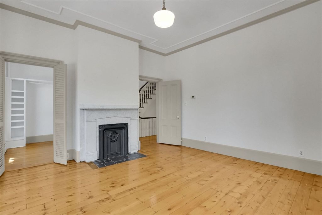 Empty room, Fireplace, Interior, Pendant Lights, Wood Texture Flooring