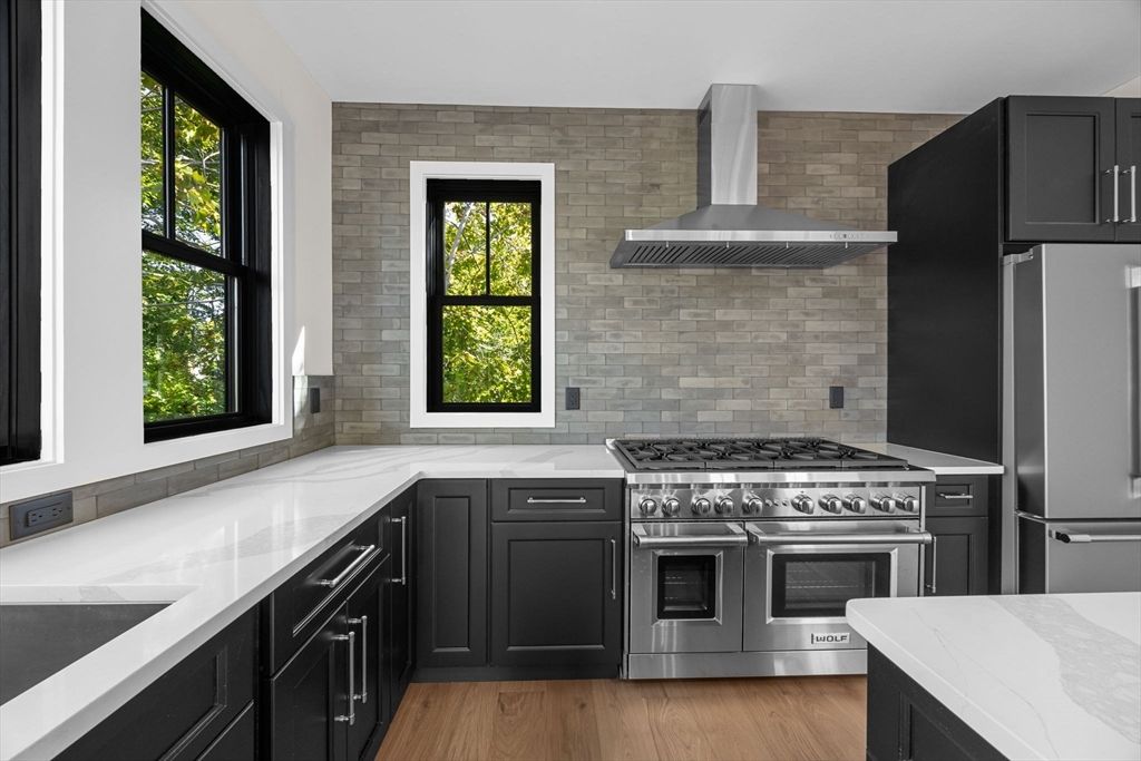 Interior, Kitchen, Stainless Steel Appliances, Stone Walls, Wood Texture Flooring