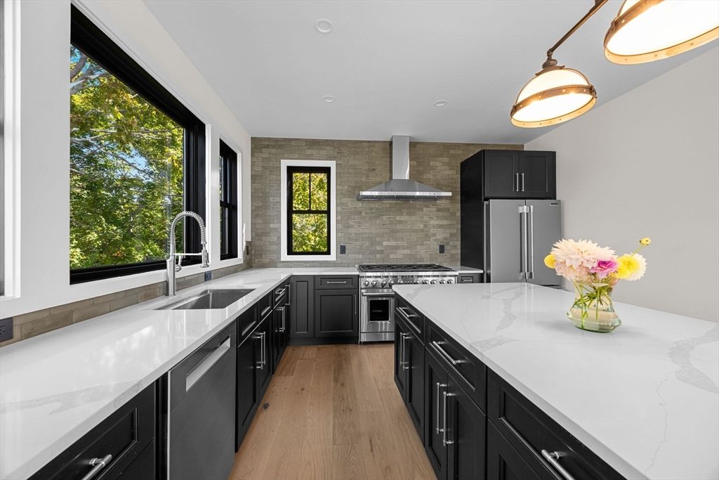 Interior, Kitchen, Pendant Lights, Recessed Lighting, Stainless Steel Appliances, Wood Texture Flooring