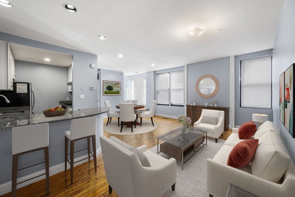 Dining room, Interior, Kitchen, Living room, Recessed Lighting, Wood Texture Flooring