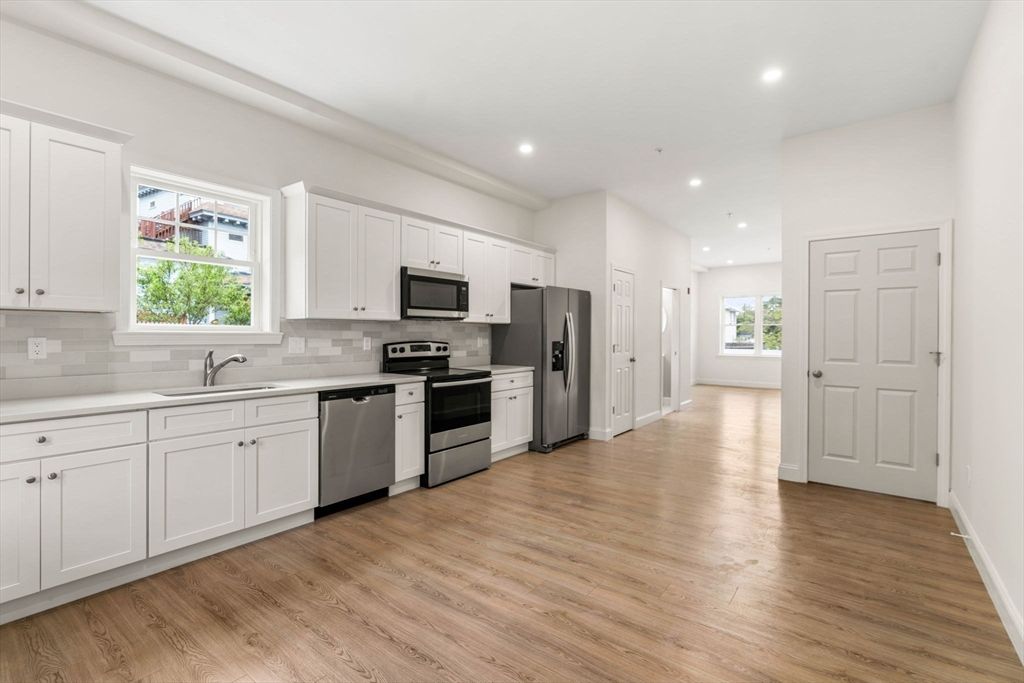 Interior, Kitchen, Recessed Lighting, Stainless Steel Appliances, Wood Texture Flooring