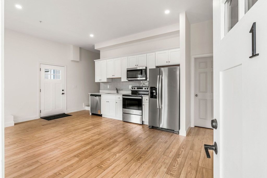 Interior, Kitchen, Recessed Lighting, Stainless Steel Appliances, Wood Texture Flooring