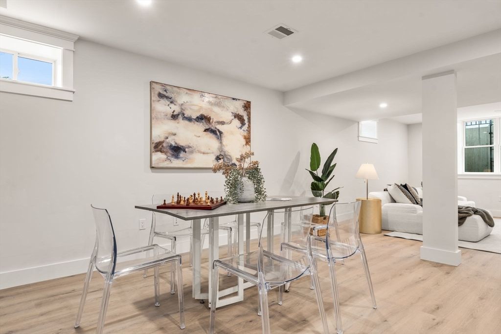 Dining room, Interior, Recessed Lighting, Wood Texture Flooring