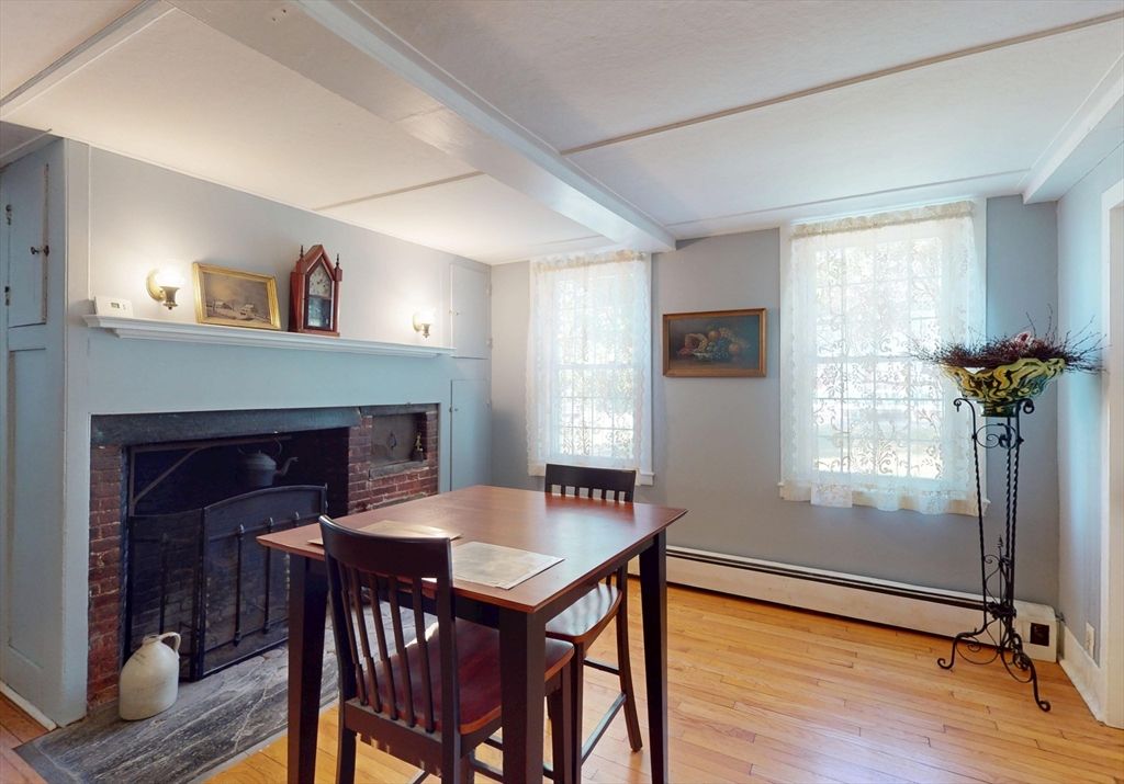 Dining room, Fireplace, Interior, Wood Texture Flooring