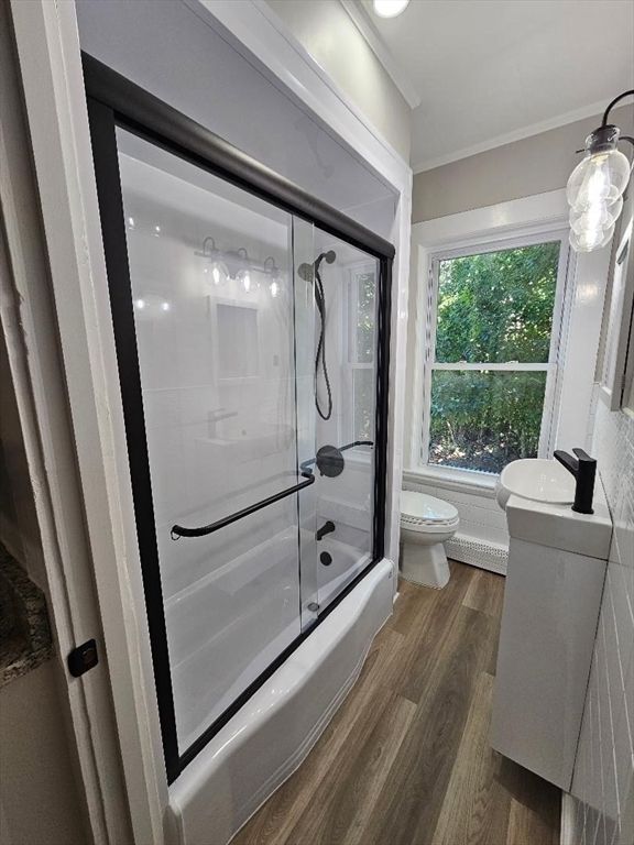 Bathroom, Glass Shower, Interior, Recessed Lighting, Wood Texture Flooring