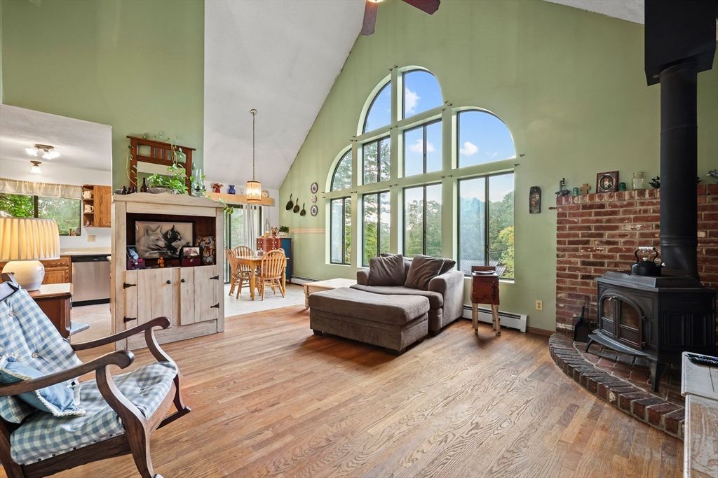 Dining room, Fireplace, Interior, Kitchen, Pendant Lights, Stone Walls, Wood Texture Flooring