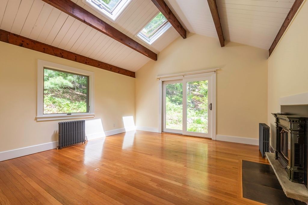 Empty room, Fireplace, Interior, Wooden Beams, Wood Texture Flooring