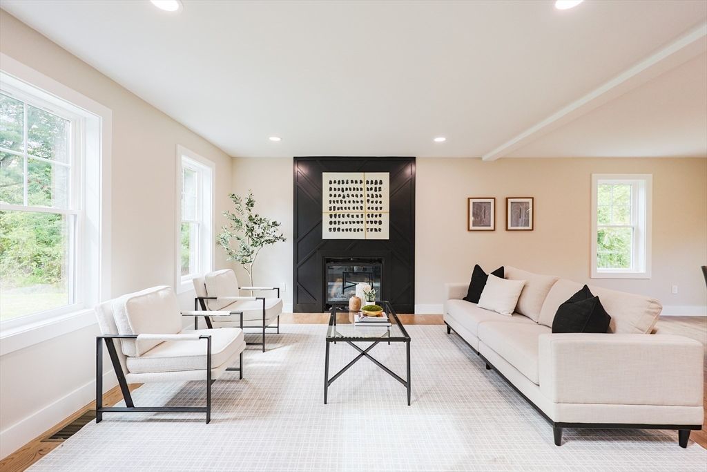 Fireplace, Interior, Living room, Recessed Lighting, Wood Texture Flooring