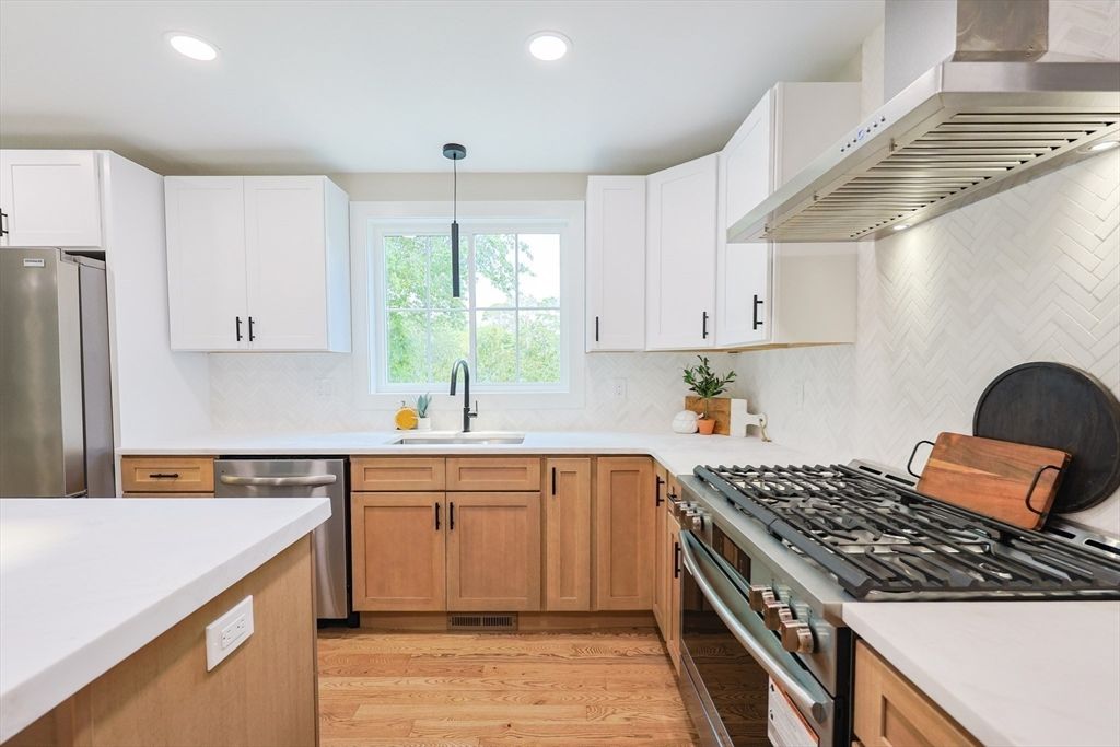 Interior, Kitchen, Pendant Lights, Recessed Lighting, Stainless Steel Appliances, Wood Texture Flooring