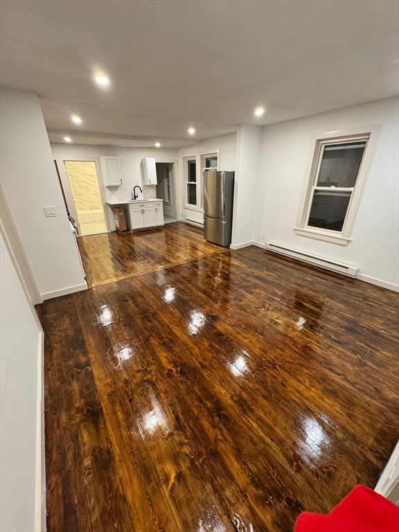 Empty room, Interior, Kitchen, Recessed Lighting, Wood Texture Flooring