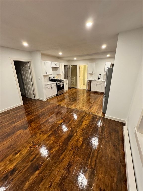 Empty room, Interior, Kitchen, Recessed Lighting, Wood Texture Flooring