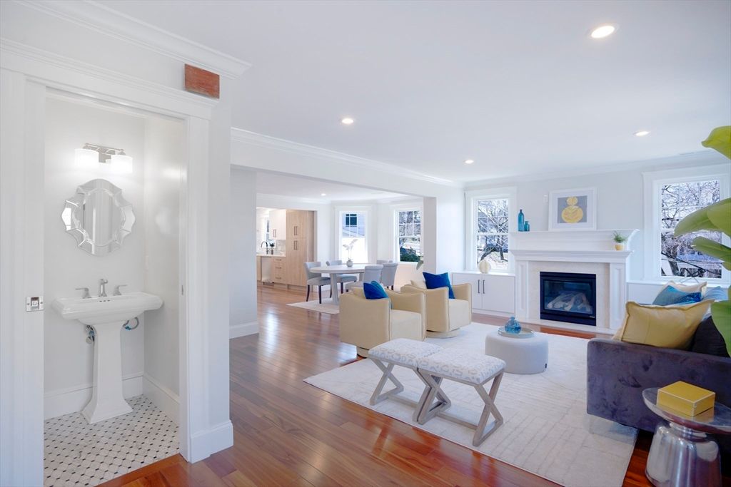 Dining room, Fireplace, Interior, Living room, Recessed Lighting, Wood Texture Flooring