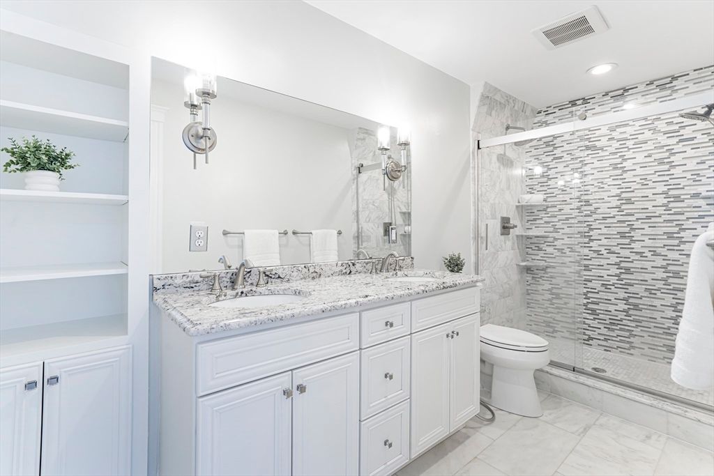 Bathroom, Dual Sink Vanities, Glass Shower, Interior, Marble, Recessed Lighting
