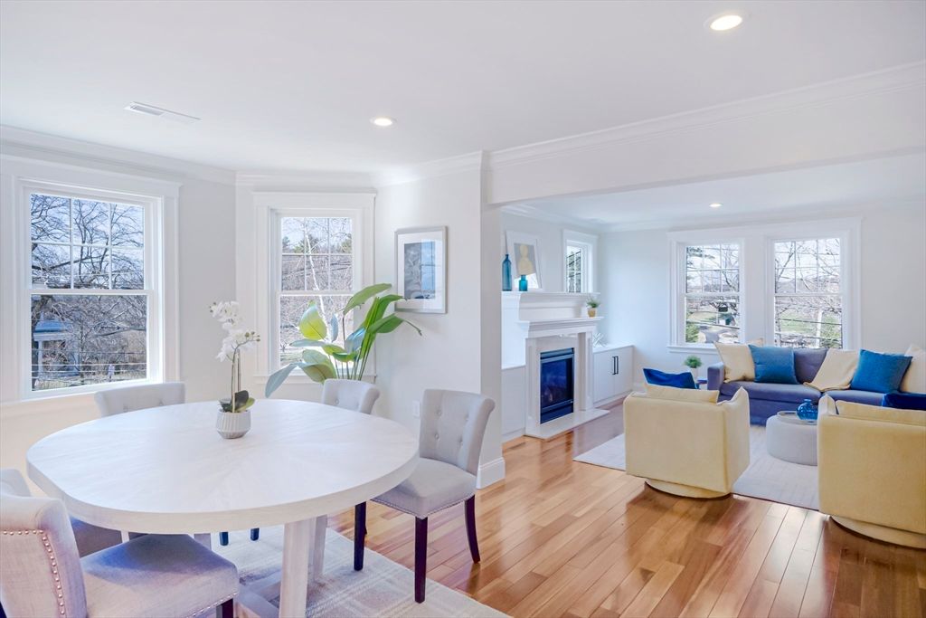 Dining room, Fireplace, Interior, Living room, Recessed Lighting, Wood Texture Flooring