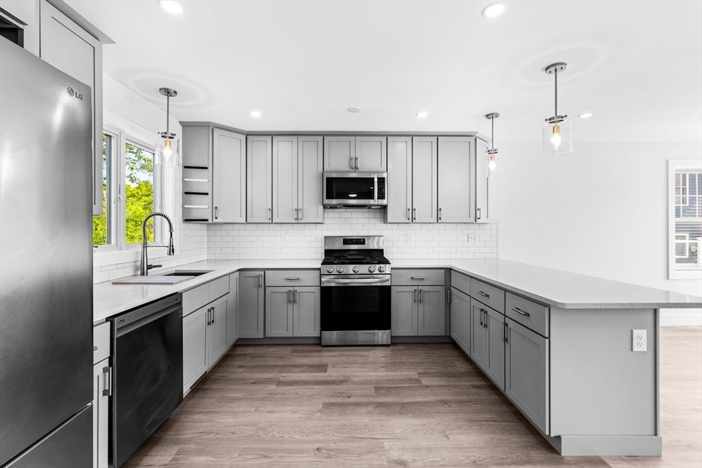 Interior, Kitchen, Pendant Lights, Recessed Lighting, Stainless Steel Appliances, Wood Texture Flooring
