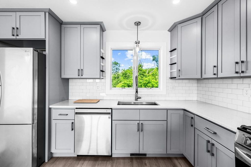 Interior, Kitchen, Pendant Lights, Recessed Lighting, Stainless Steel Appliances, Wood Texture Flooring
