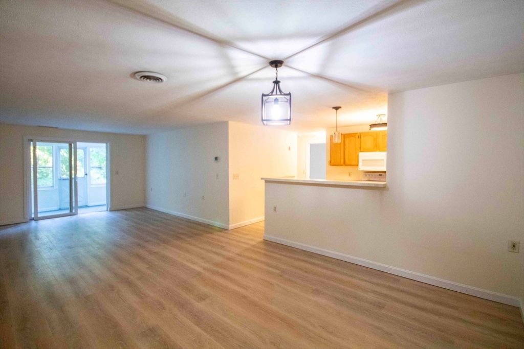 Empty room, Interior, Kitchen, Pendant Lights, Wood Texture Flooring