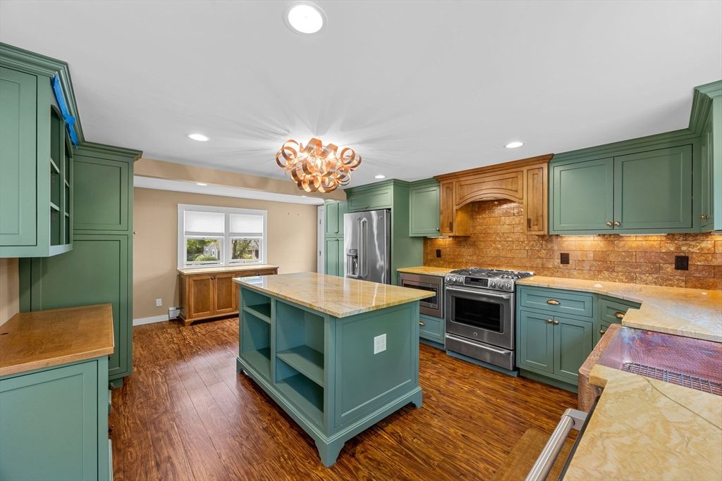 Chandelier, Interior, Kitchen, Recessed Lighting, Stainless Steel Appliances, Wood Texture Flooring