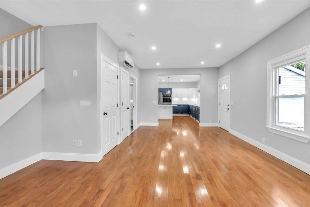 Empty room, Interior, Kitchen, Pendant Lights, Recessed Lighting, Wood Texture Flooring