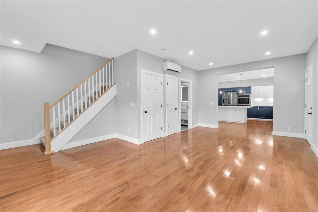 Empty room, Interior, Kitchen, Pendant Lights, Recessed Lighting, Wood Texture Flooring