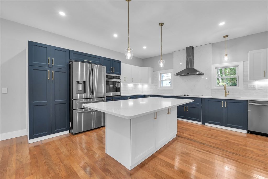 Interior, Kitchen, Pendant Lights, Recessed Lighting, Stainless Steel Appliances, Wood Texture Flooring