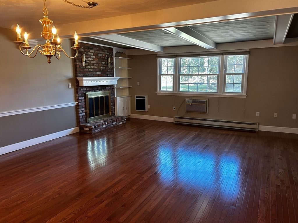 Chandelier, Empty room, Fireplace, Interior, Stone Walls, Wood Texture Flooring