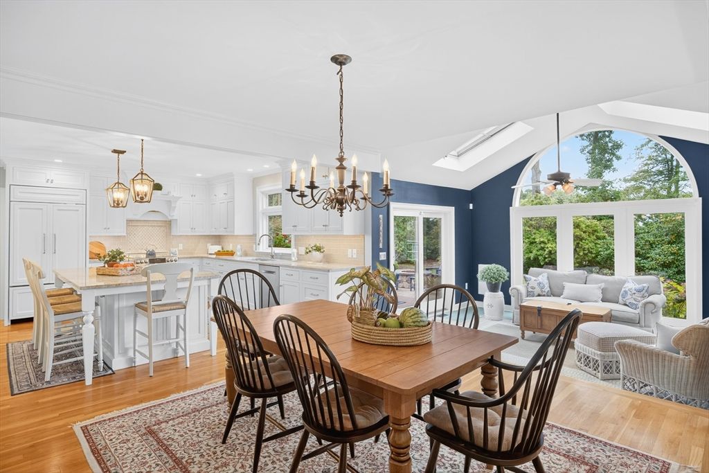 Chandelier, Dining room, Interior, Kitchen, Living room, Pendant Lights, Recessed Lighting, Wood Texture Flooring