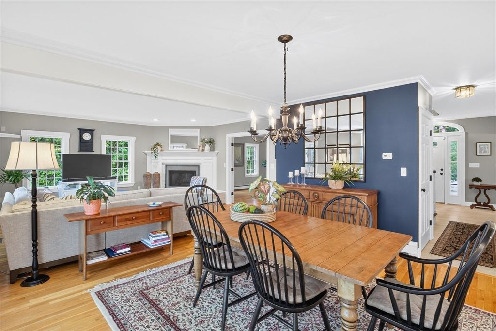 Chandelier, Dining room, Fireplace, Interior, Living room, Recessed Lighting, Wood Texture Flooring