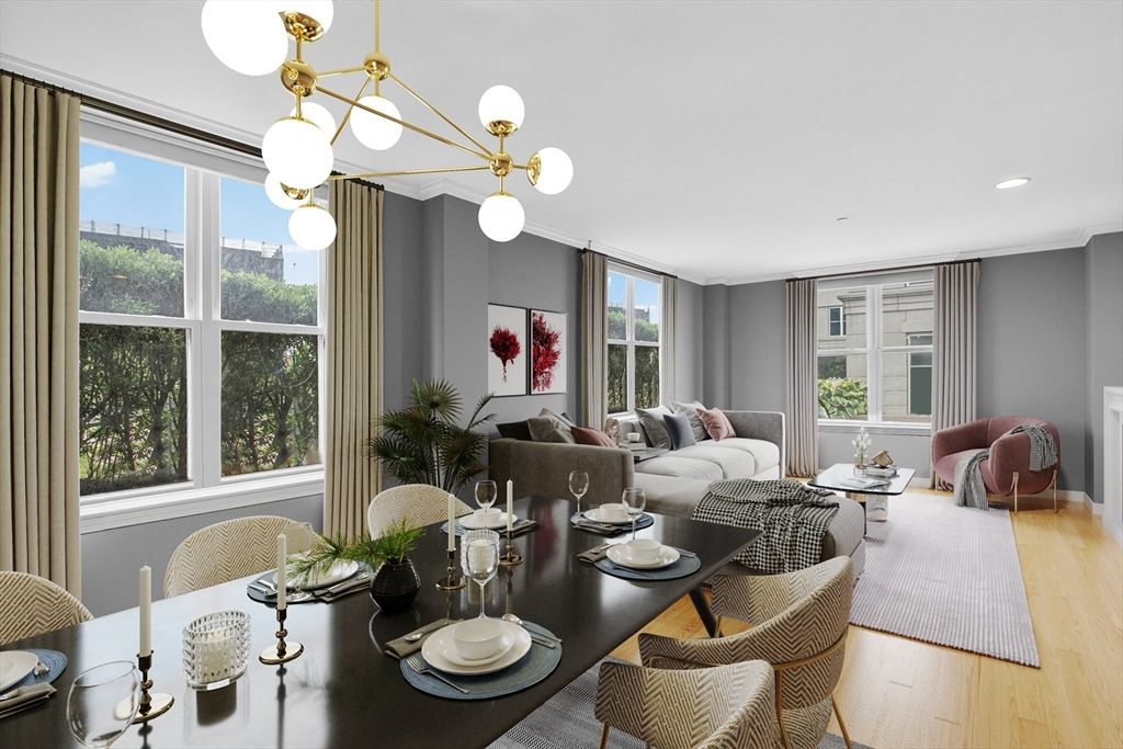 Dining room, Interior, Living room, Pendant Lights, Recessed Lighting, Wood Texture Flooring