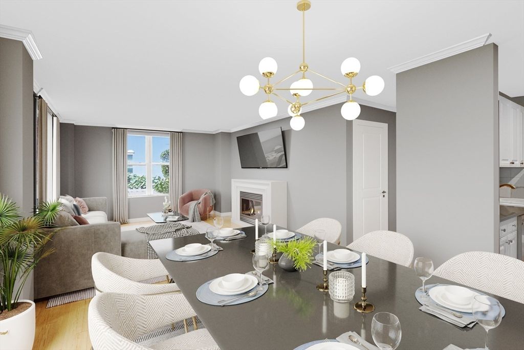 Dining room, Fireplace, Interior, Living room, Pendant Lights, Wood Texture Flooring