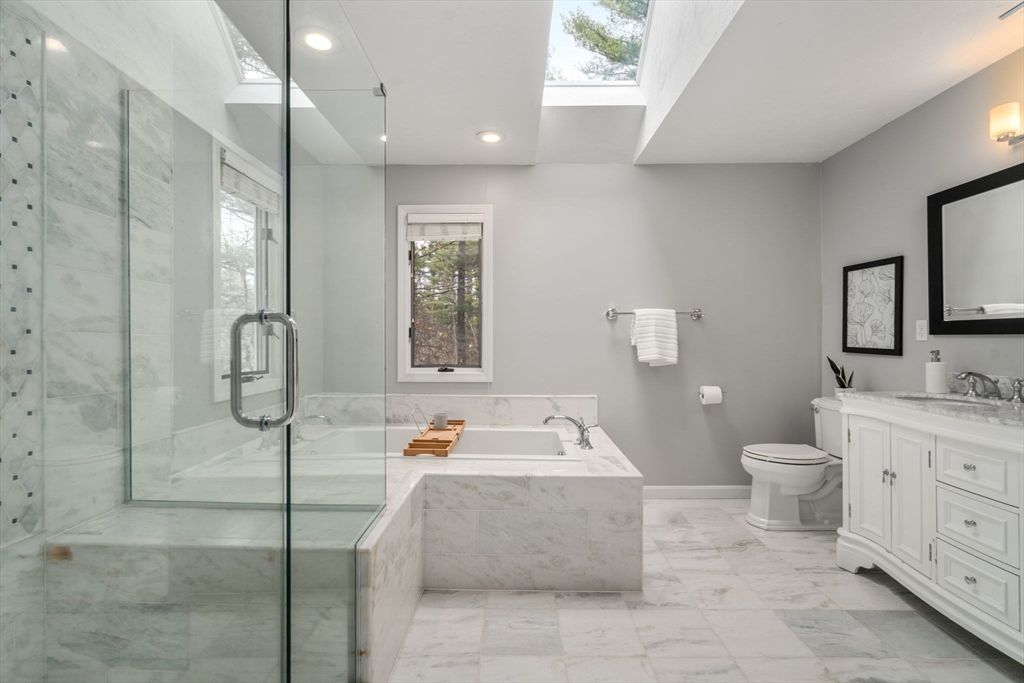 Bathroom, Glass Shower, Interior, Marble, Recessed Lighting
