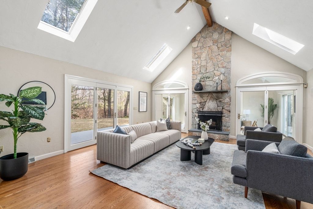 Fireplace, Interior, Living room, Recessed Lighting, Stone Walls, Wooden Beams, Wood Texture Flooring