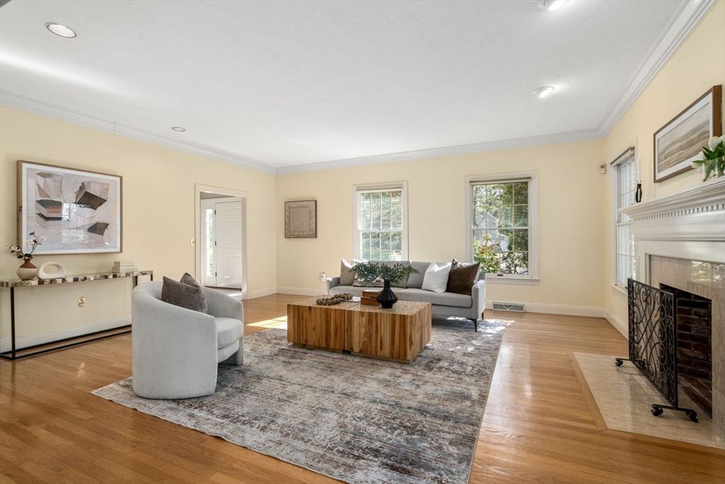 Fireplace, Interior, Living room, Recessed Lighting, Wood Texture Flooring