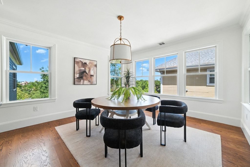 Dining room, Interior, Pendant Lights, Wood Texture Flooring