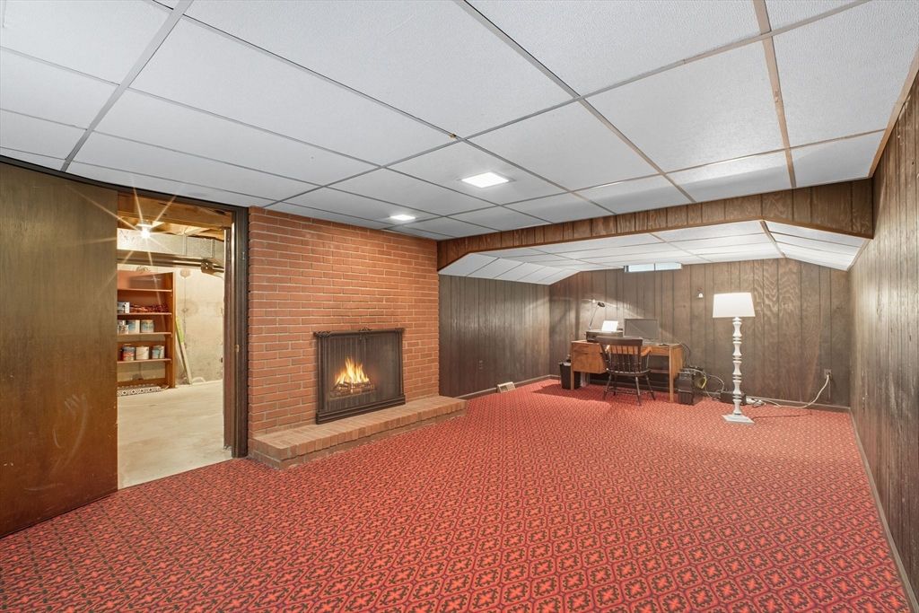 Fireplace, Interior, Recessed Lighting, Stone Walls, Wooden Walls