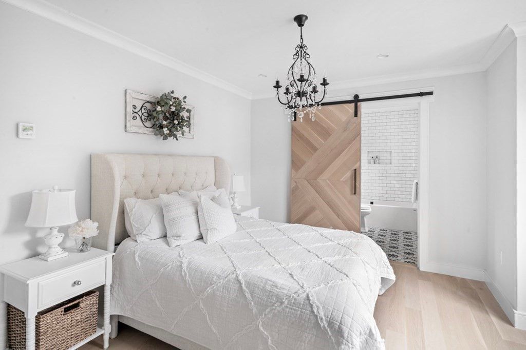 Bedroom, Chandelier, Interior, Recessed Lighting, Wood Texture Flooring